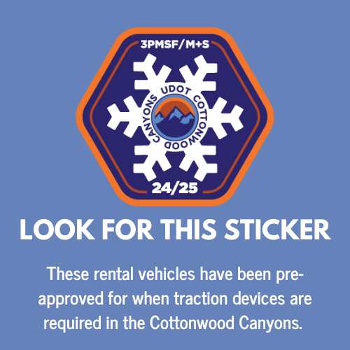 Blue hexagonal sticker with snowflake logo and text 24/25, indicating rental vehicles are pre-approved for traction devices in Cottonwood Canyons