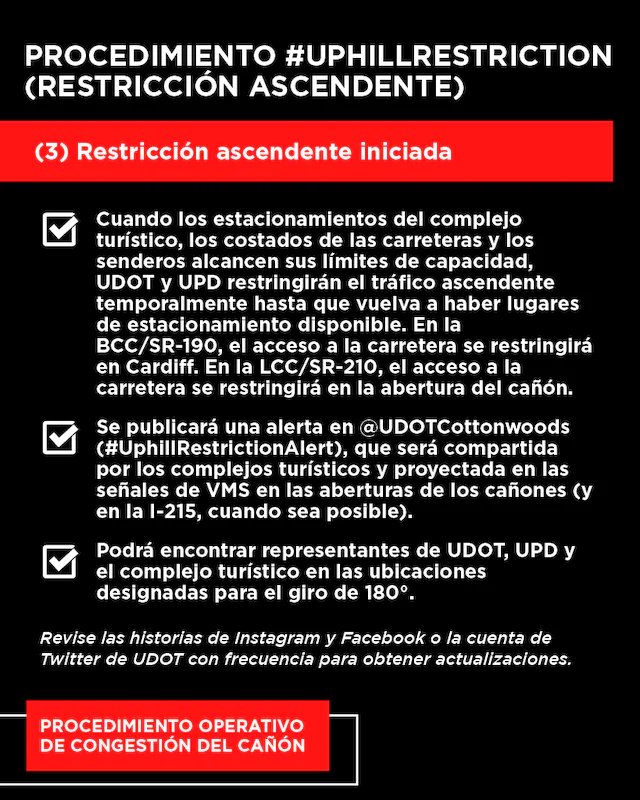 Procedimiento #UphillRestriction (Restriccion ascendente). (3) Restriccion ascendente iniciada. Texto describiendo medidas de restriccion de trafico en areas turisticas.