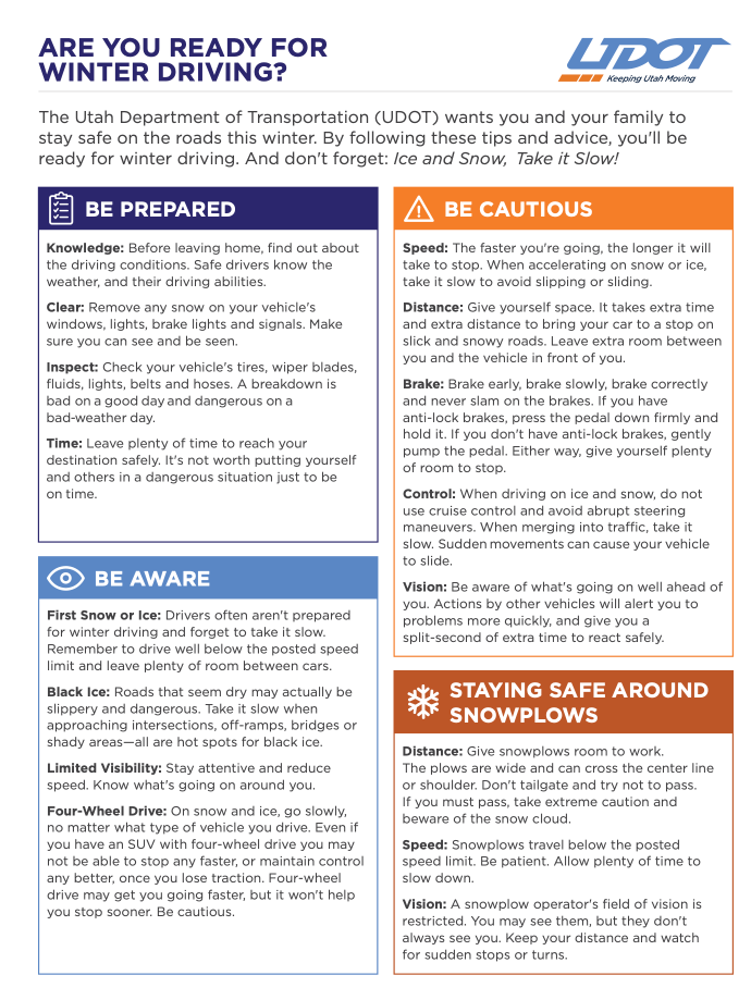 An English language flyer with winter driving tips that encourages people to be prepared, be aware, be cautious, and to stay safe driving snowplows.