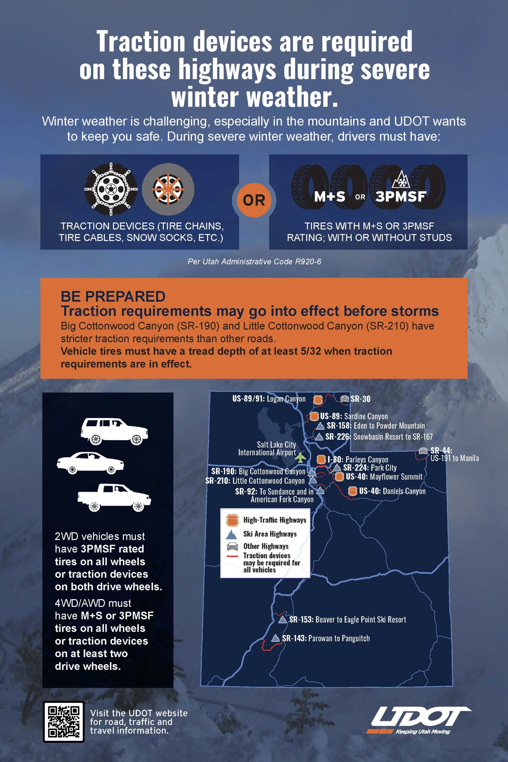 A flyer illustrating Utah traction device requirements, including types of traction devices, types of vehicles, and a map of roads where restrictions can go into effect. 