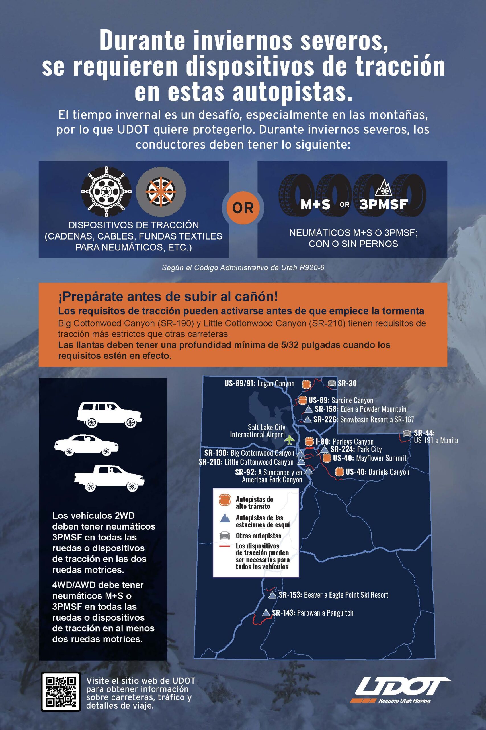 A Spanish language flyer illustrating Utah traction device requirements, including types of traction devices, types of vehicles, and a map of roads where restrictions can go into effect. 