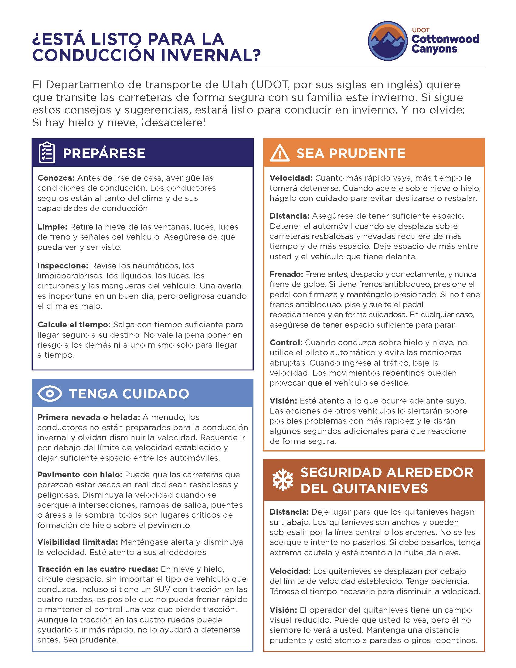 An English language flyer with winter driving tips that encourages people to be prepared, be aware, be cautious, and to stay safe driving snowplows.